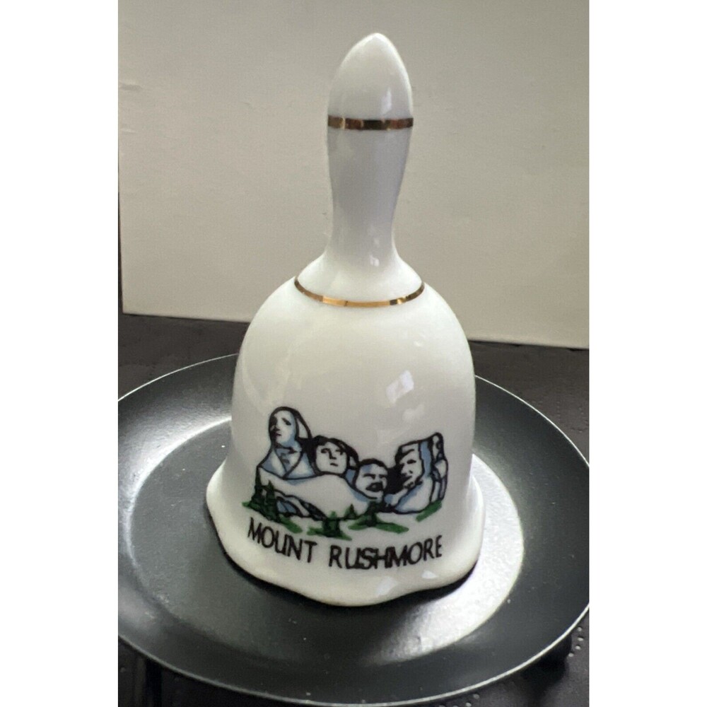 Vintage Porcelain Souvenir Hand Bell Mount Rushmore w/Gold Accents Collectible